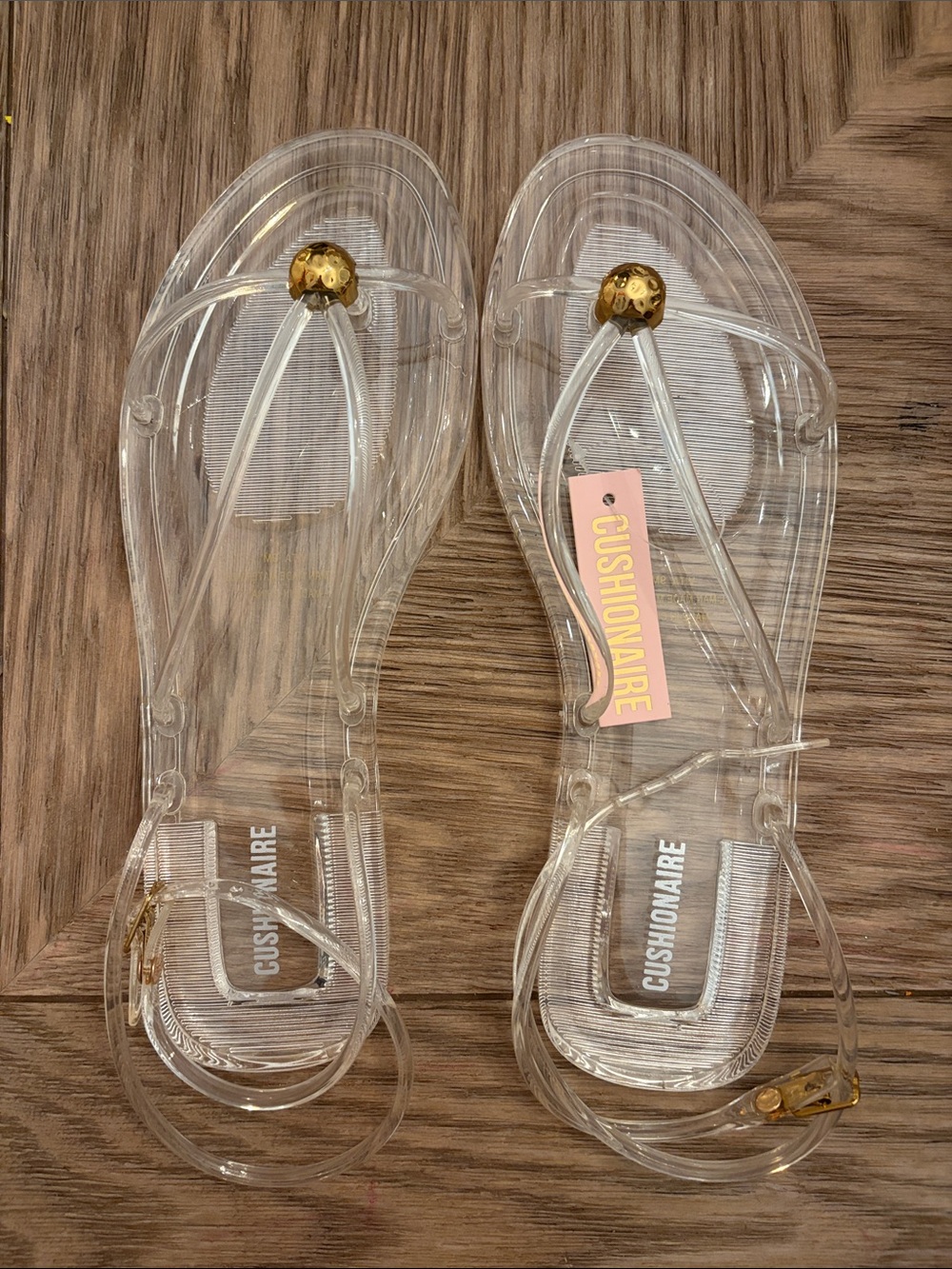 Cushionaire Clear Jelly Sandals with Gold Accent